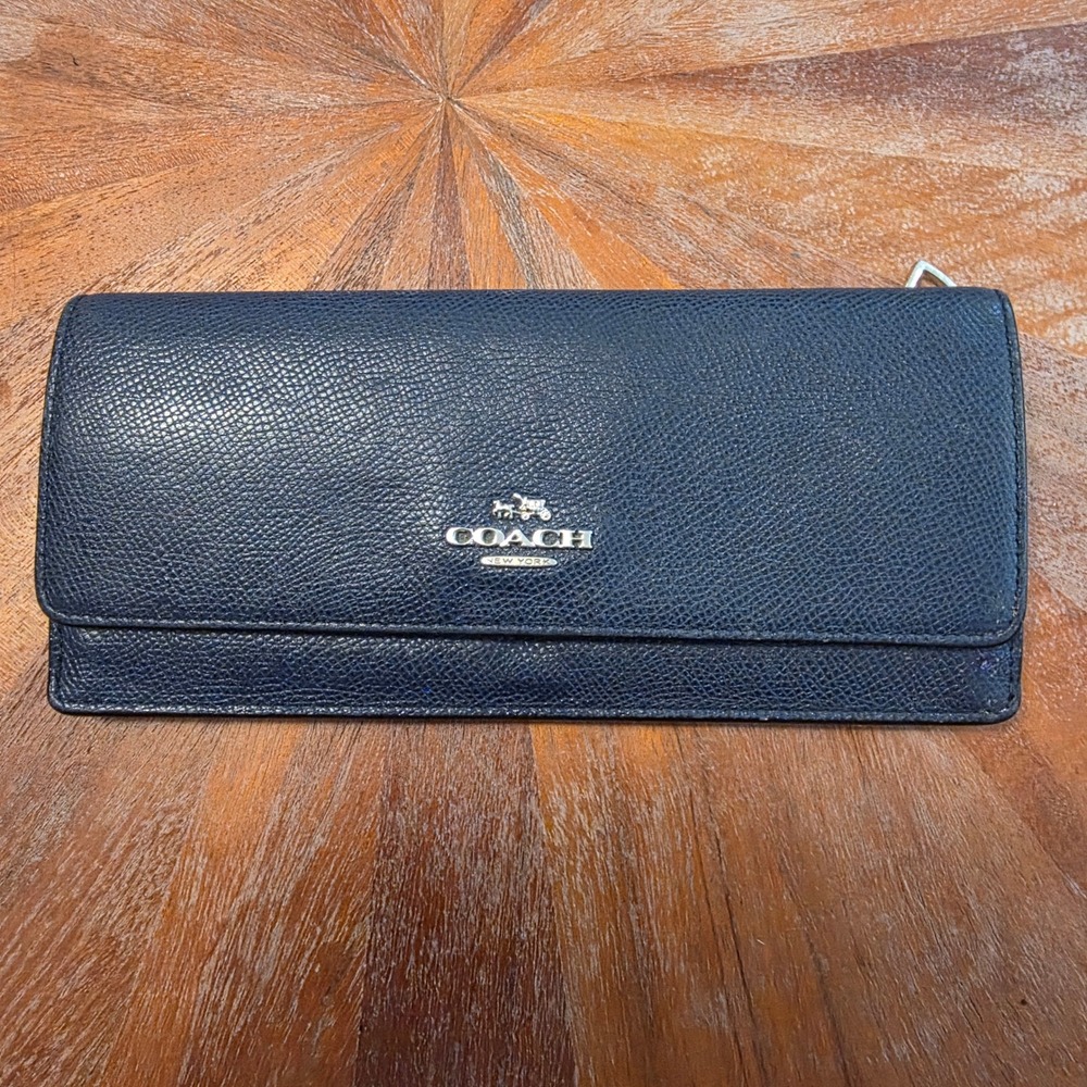 Coach Wallet Women OS Navy Blue Crossgrain Leather Slim Envelope Flap Snap Logo